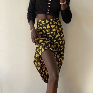 Yellow Floral High-Waist Satin Midi Skirt
